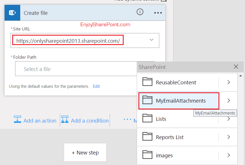 Microsoft flow save outlook attachments to sharepoint online