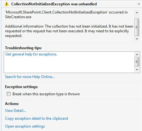 SharePoint Online Office 365 The collection has not been initialized