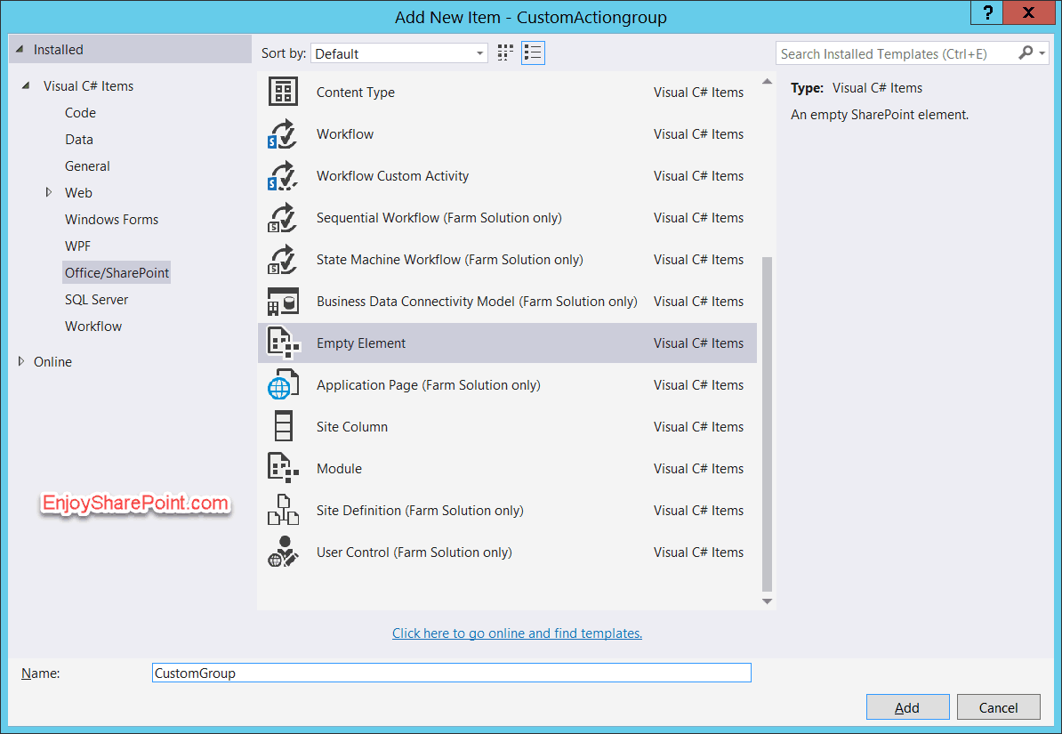 create custom group visual studio 2015 sharepoint 2016 Create a custom action group in SharePoint 2013 using visual studio