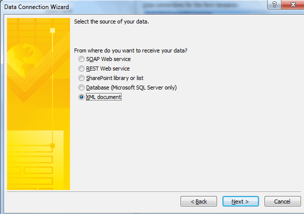 Create XML data connection in InfoPath Create XML data connection in InfoPath sharepoint 2010