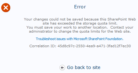 sharepoint this site has exceeded its maximum file storage limit
