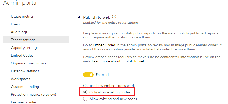 contact your admin to enable embed code creation power bi