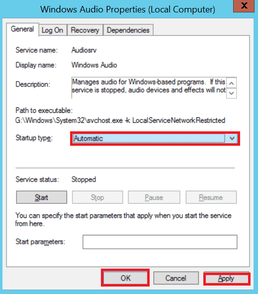 enable audio service in Windows Server 2012 r2