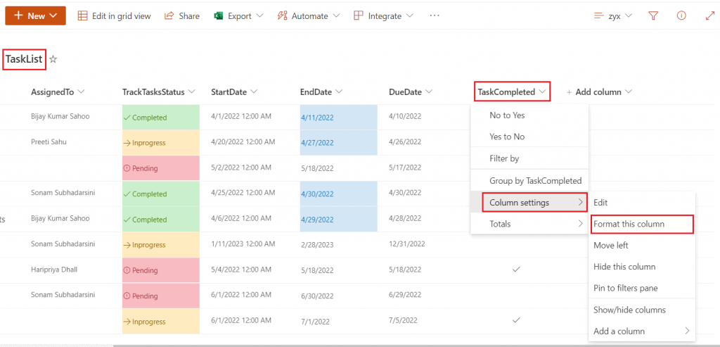 conditional formatting to a boolean column in a SharePoint Online list