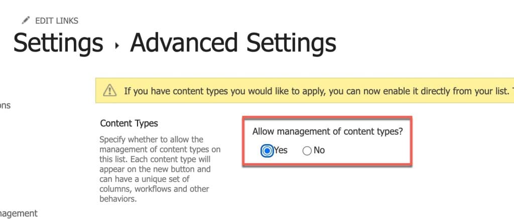 sharepoint content types list