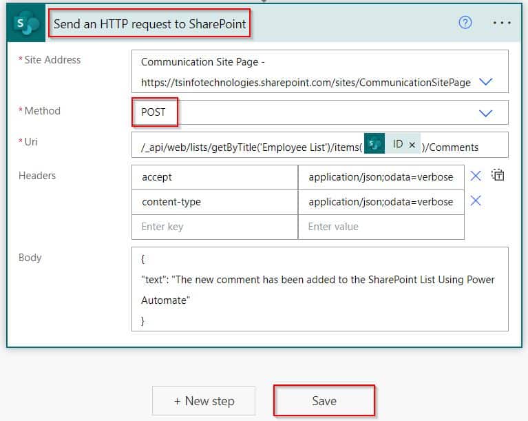 Add comments to sharepoint list item using power automate