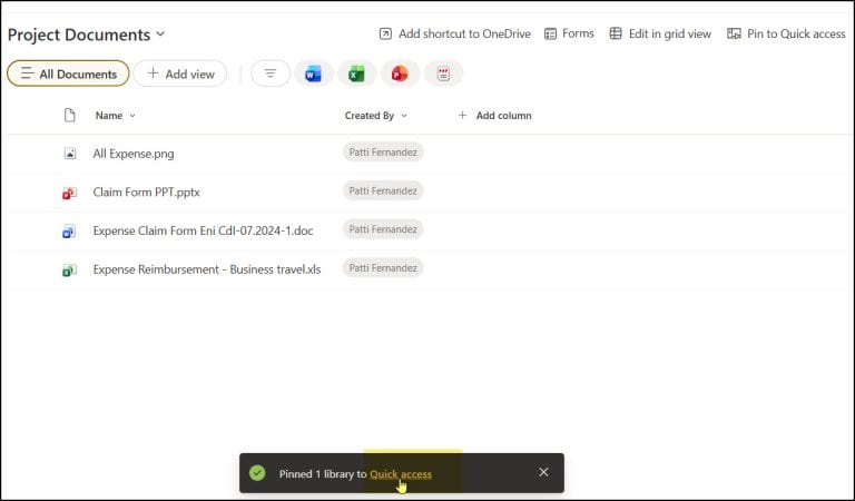Pin to Quick Access in a SharePoint Document Library