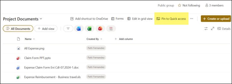 Pin to Quick Access in a SharePoint Document Library