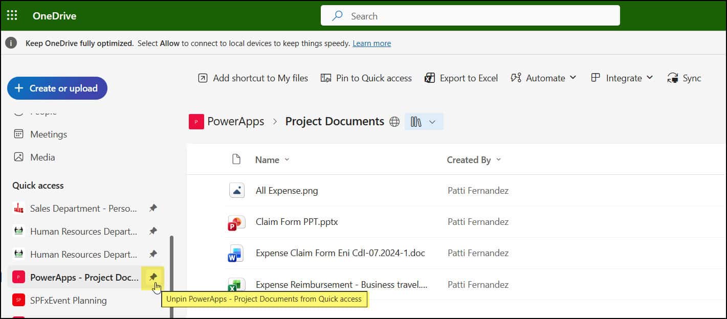 Pin to Quick Access in a SharePoint Document Library