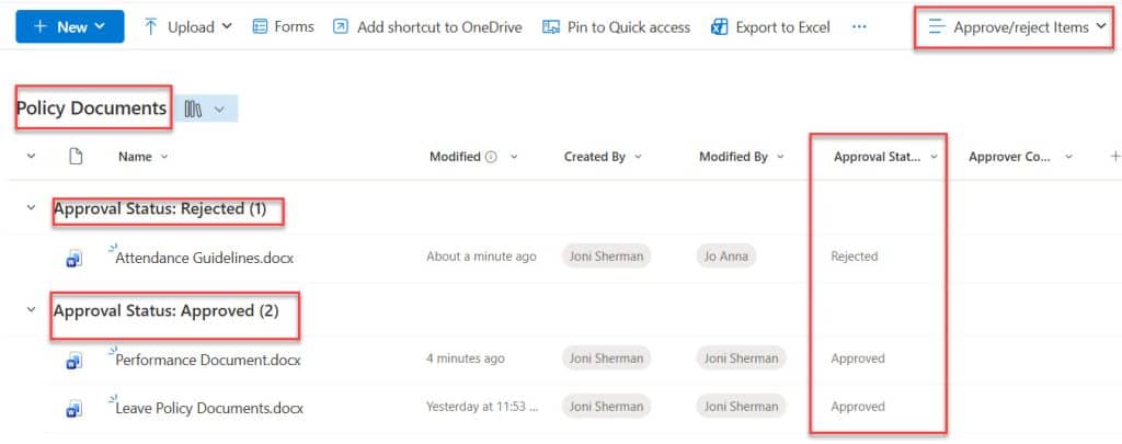 sharepoint online conten approval in document library