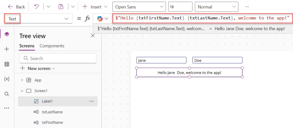 Power Apps String Interpolation with&nbsp;$