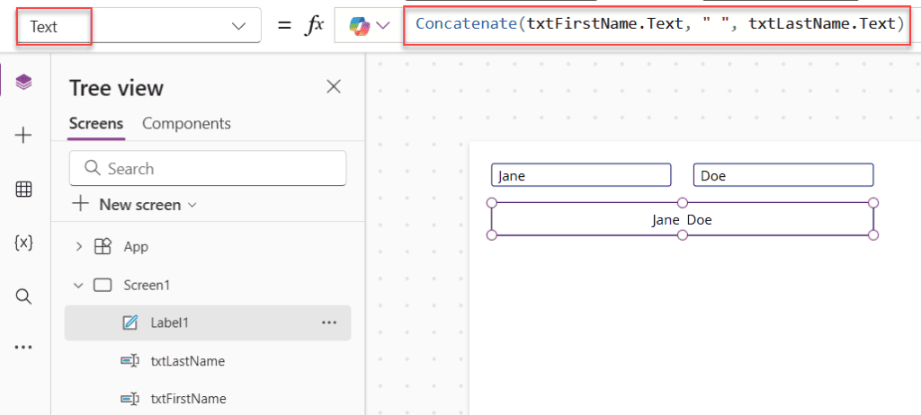 Power Apps concatenate()&nbsp;function