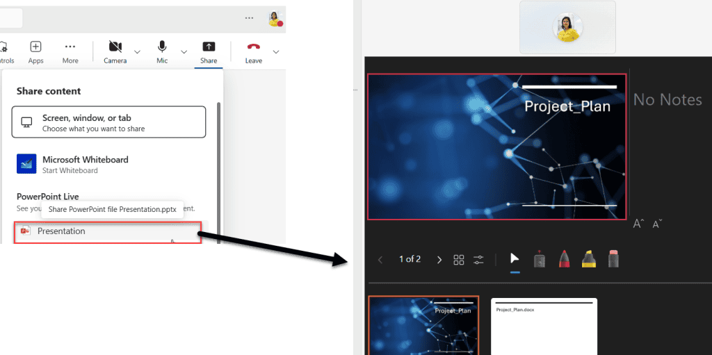 Use PowerPoint Live for sharing screen teams call