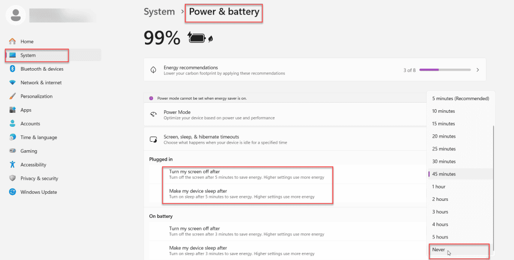 change your windows power &amp; sleep settings in microsoft teams