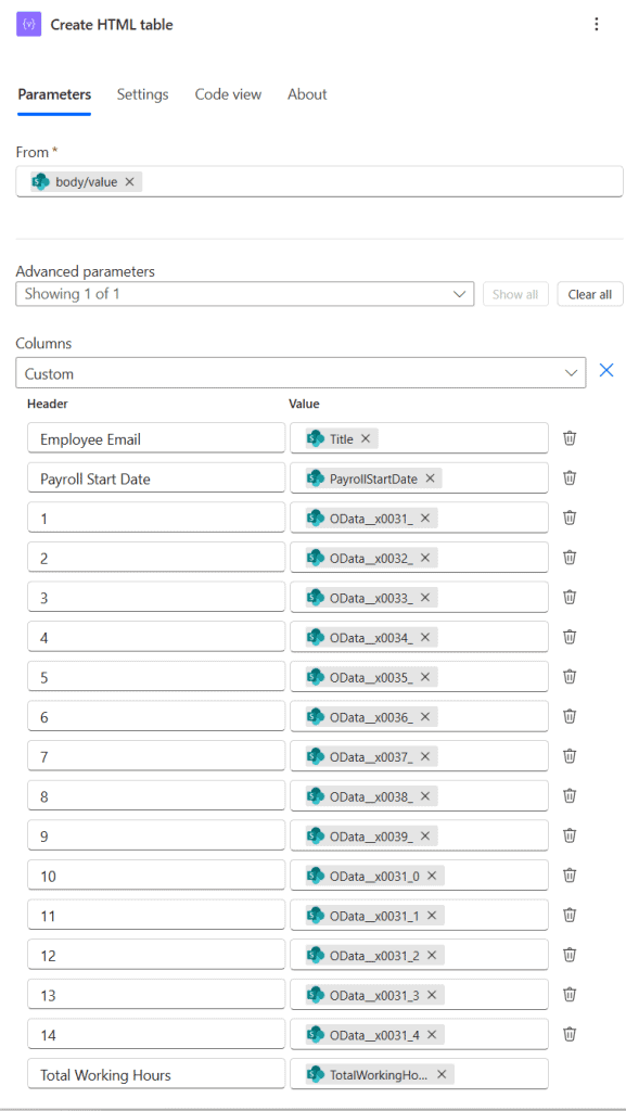 create table in power automate email