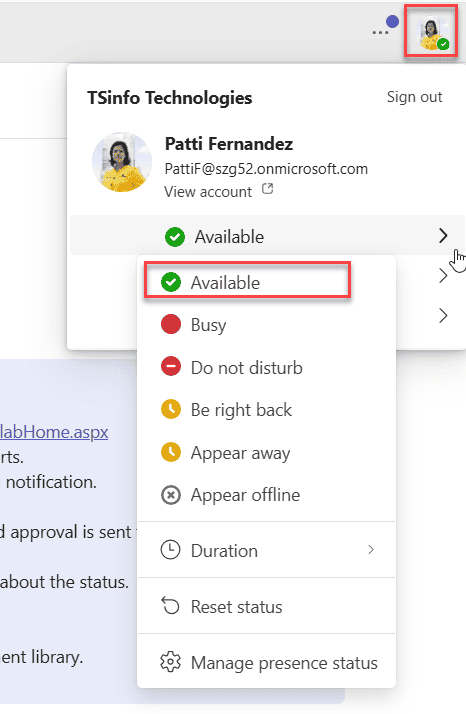 manually set your status to available in microsoft teams