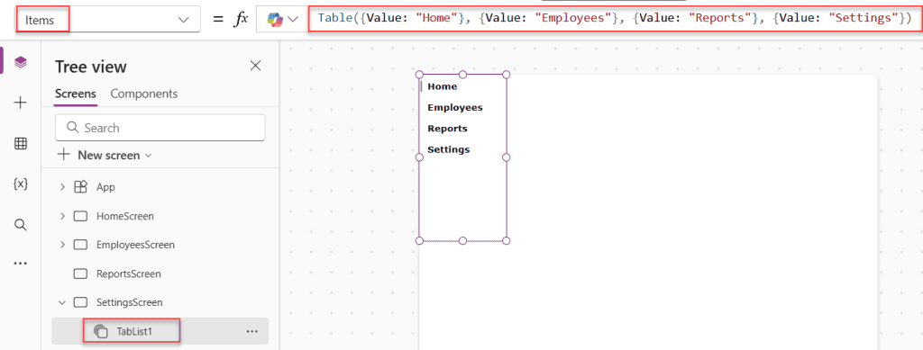 navigation menu using the modern Tab list control in power apps navigation menu using the modern Tab list control in power apps