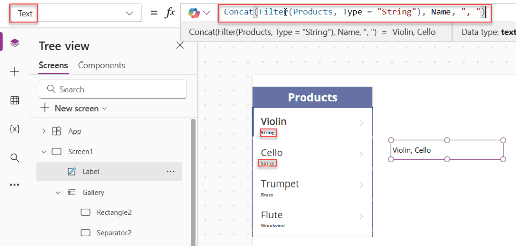 power apps concatenate table column values with filter