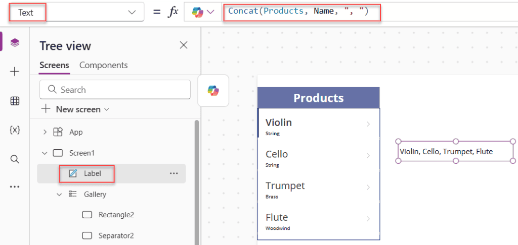 power apps concatenate table values