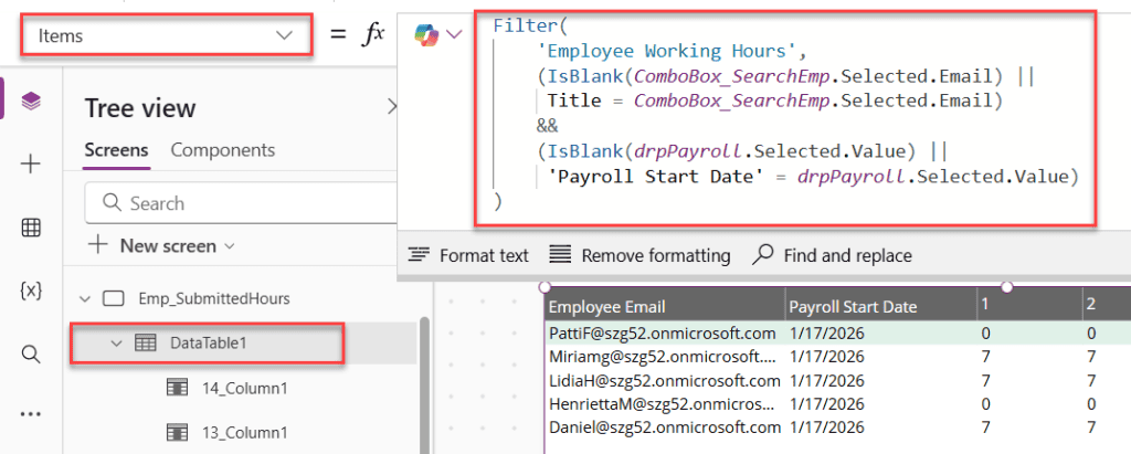 power apps filter data table based on dropdown