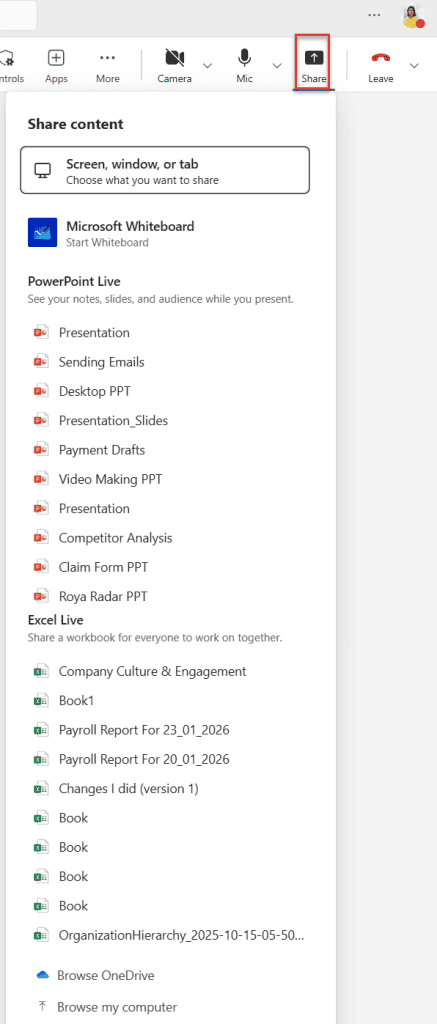 share screen in microsoft teams meeting