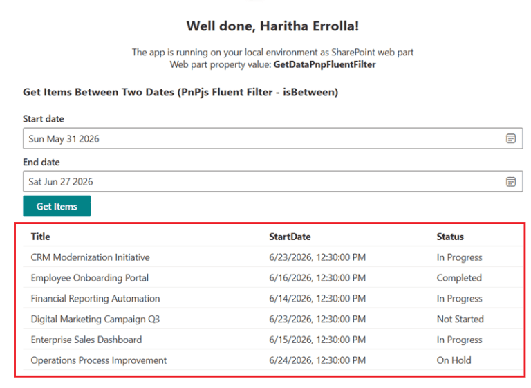 Get Data Between Two Dates from a SharePoint List Using SPFx