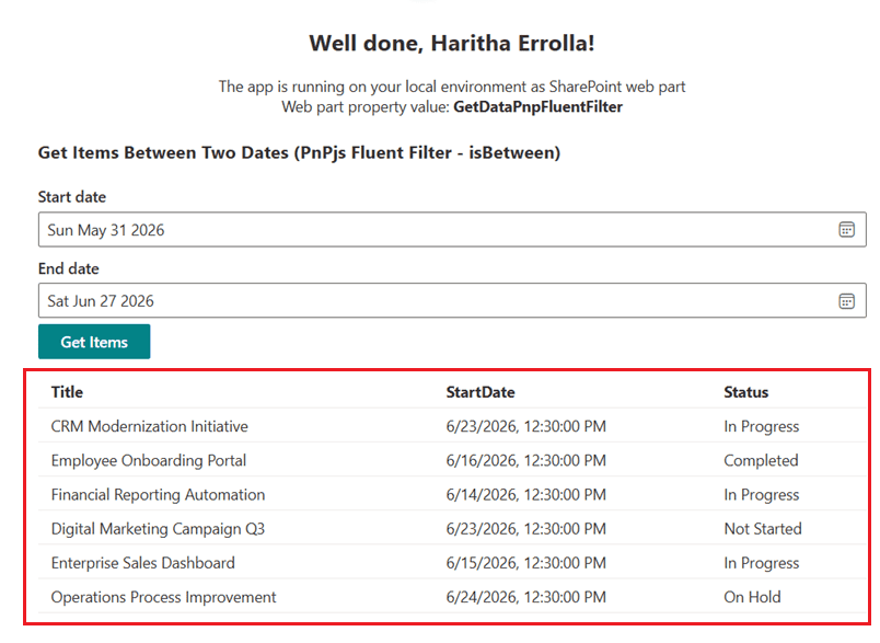 get sharepoint list data based on two dates in spfx web part