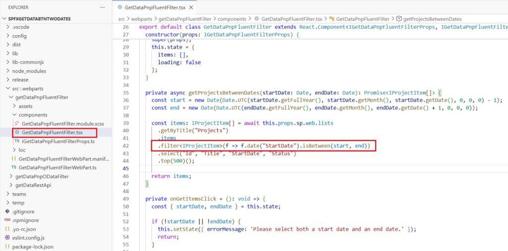 how to use isbetween in spfx web part for filtering data
