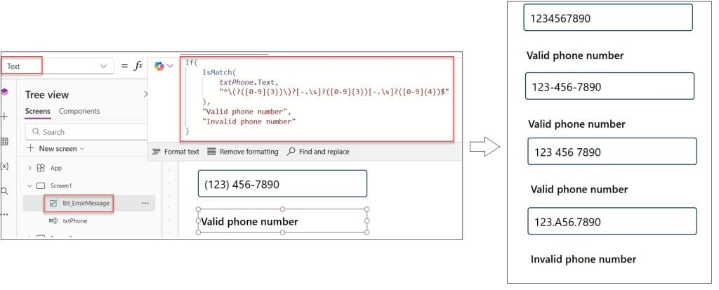 Validate a phone number in power apps app