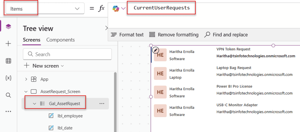 current user data on power apps gallery