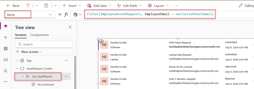 filter data based on logged in user in power apps