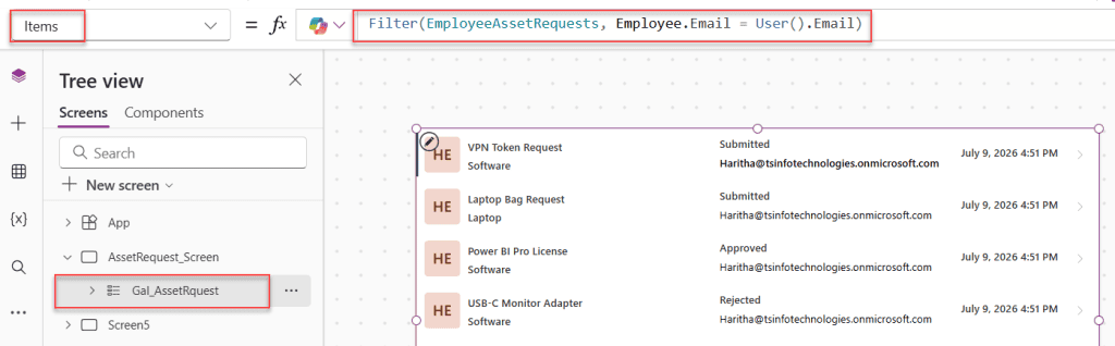 filter power apps gallery by person column
