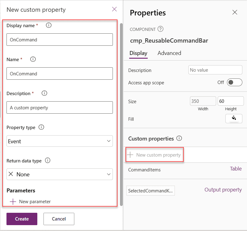 power apps component event custom property