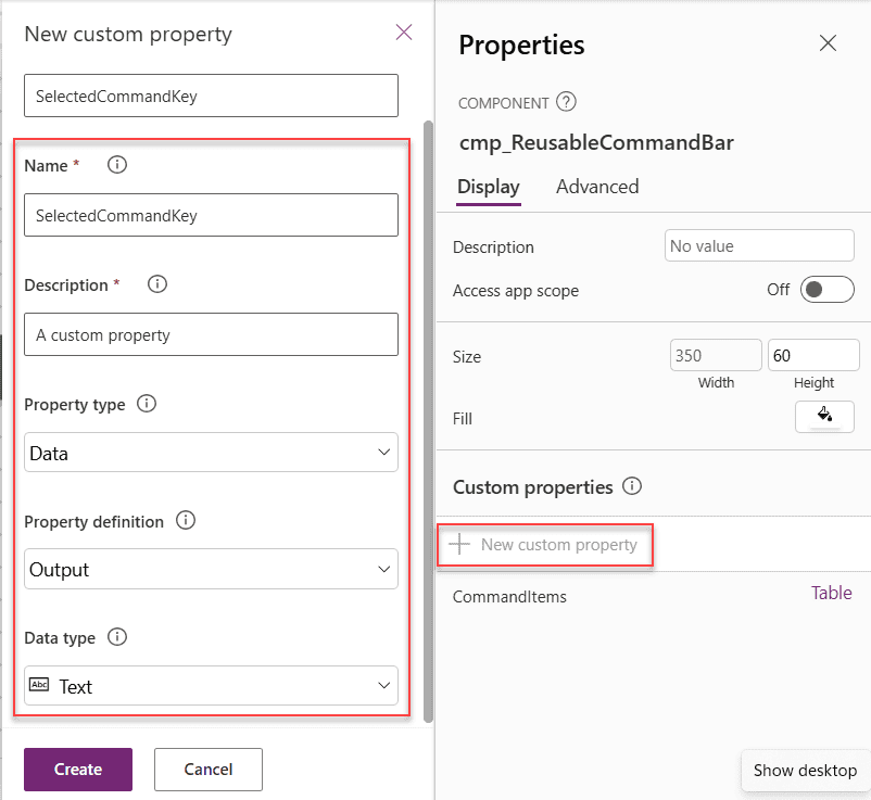 power apps component output property