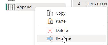 How to Append Tables in Power BI Power Query right-click menu on the new Append query with Rename option highlighted in the Queries pane