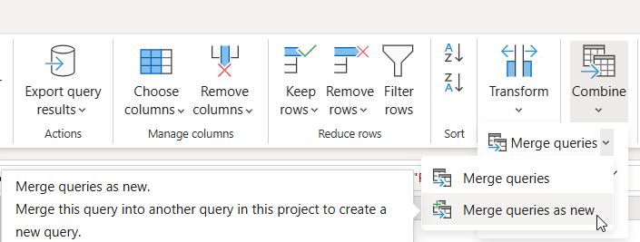Power Query Combine group with the Merge queries drop-down open and Merge queries as new highlighted