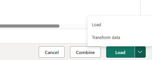 Merge vs Append in Power BI Power BI folder import dialog with Cancel, Combine and Load buttons and the Load drop-down showing Transform data