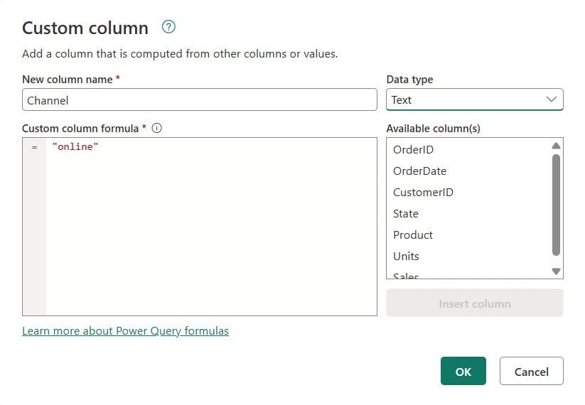 Power BI Append Queries Step by Step Power Query Custom column dialog creating a Channel column of Text data type with the formula "online"
