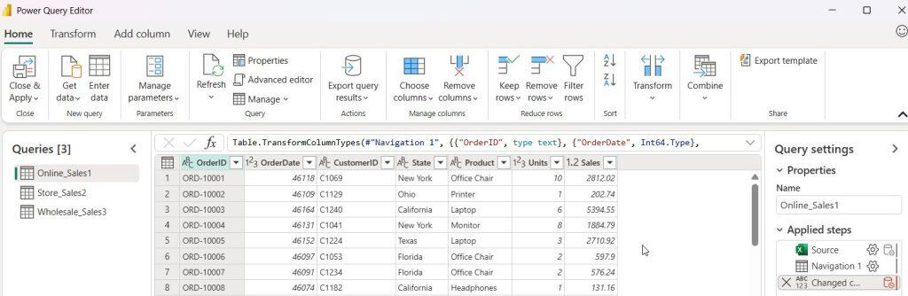 Power BI Append Tables Power Query Editor showing Online_Sales1, Store_Sales2 and Wholesale_Sales3 in Queries pane with OrderID and Sales columns