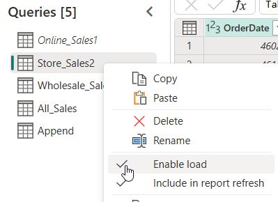 Power BI Append Tables with Same Columns Power Query right-click menu on Store_Sales2 query showing Enable load and Include in report refresh options