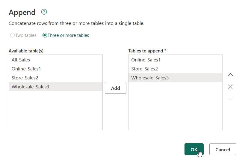 Power BI Combine Tables Power Query Append dialog with Three or more tables option, Online_Sales1, Store_Sales2, Wholesale_Sales3 in Tables to append
