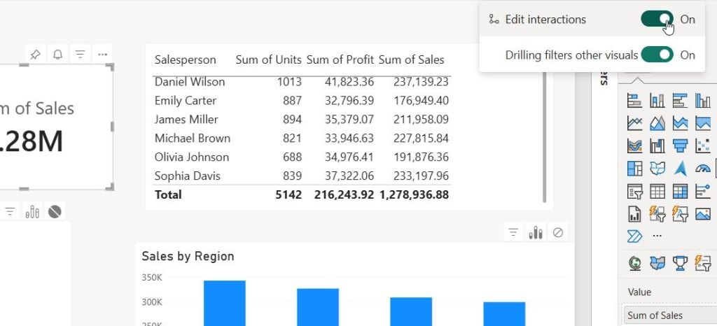 Power BI Filter Visual Interaction Power BI service Edit interactions toggle turned On with Drilling filters other visuals also On above the report
