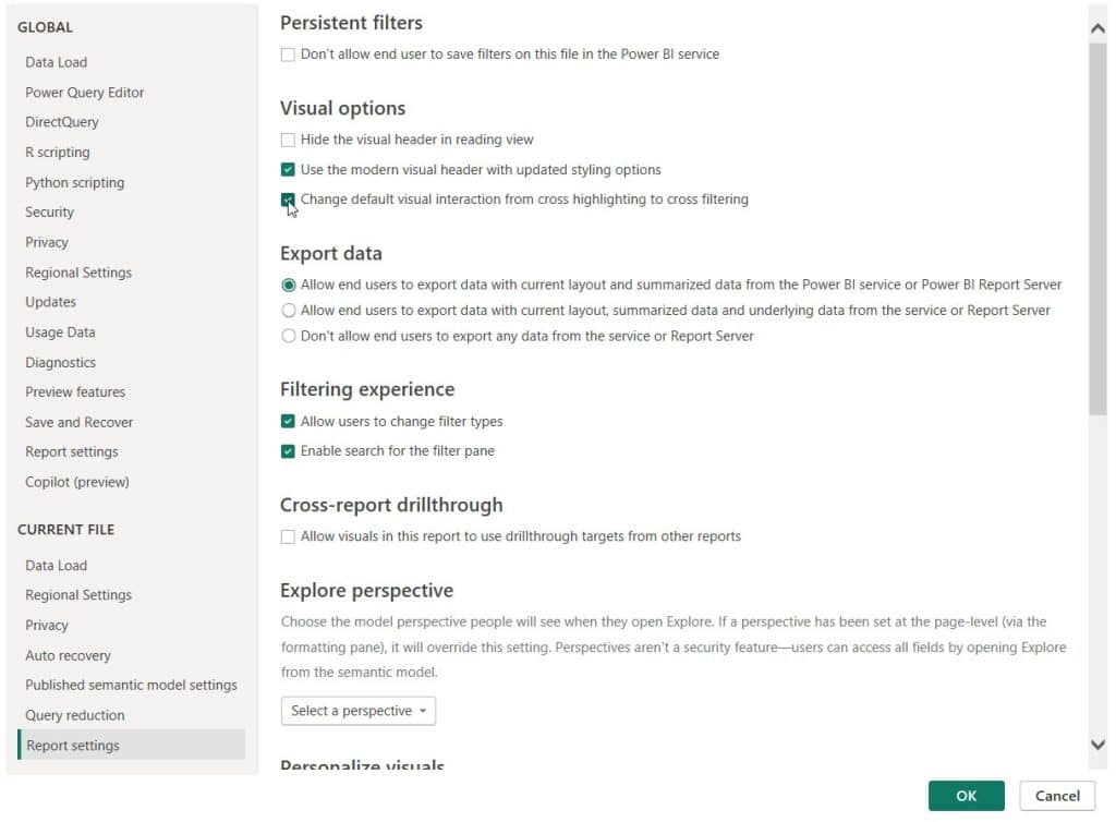 Power BI Highlight Visual Interaction Power BI Options Report settings with Change default visual interaction from cross highlighting to cross filtering checked
