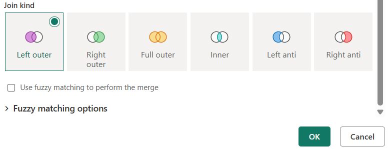Power BI Merge and Append Difference Power Query Join kind tiles Left outer, Right outer, Full outer, Inner, Left anti and Right anti with Left outer selected