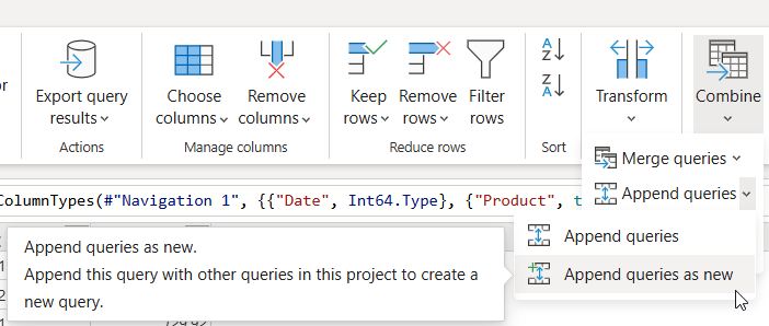Power BI Merge vs Append Power Query Combine group with the Append queries drop-down open and Append queries as new highlighted