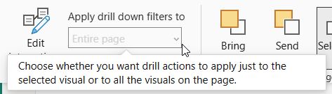 Power BI None Visual Interaction Power BI Format ribbon Apply drill down filters to dropdown set to Entire page with its tooltip shown