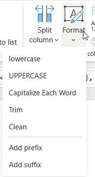 Power Query Format drop-down listing lowercase, UPPERCASE, Capitalize Each Word, Trim and Clean options