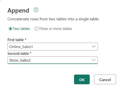Power Query Append Queries Power Query Append dialog with Two tables selected, First table Online_Sales1 and Second table Store_Sales2
