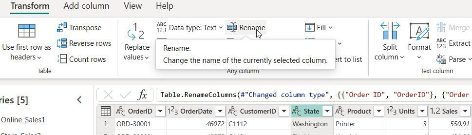Power Query Append Tables Guide Power Query Transform tab Rename button tooltip with Table.RenameColumns formula changing Order ID to OrderID