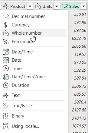 Power Query Append Two Tables Power Query column data type menu next to Units and Sales headers with Whole number option being selected